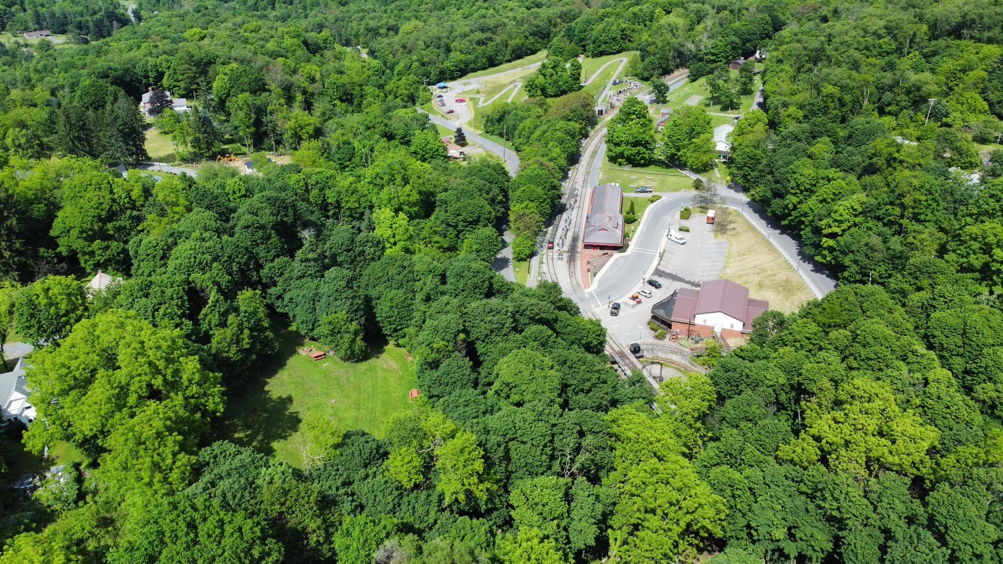 Aerial view of the campground field beside the Frostburg depot and the rail yard
