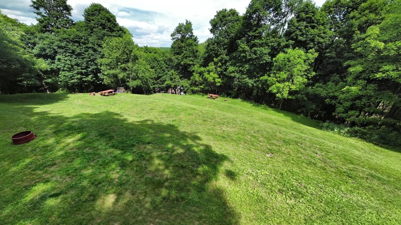 The mowed camping field at The Tunnel Hotel, ringed by trees, with picnic tables and fire rings