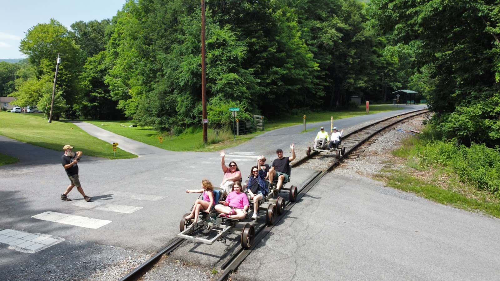 Railbikers rolling through the Frostburg crossing, seen from above