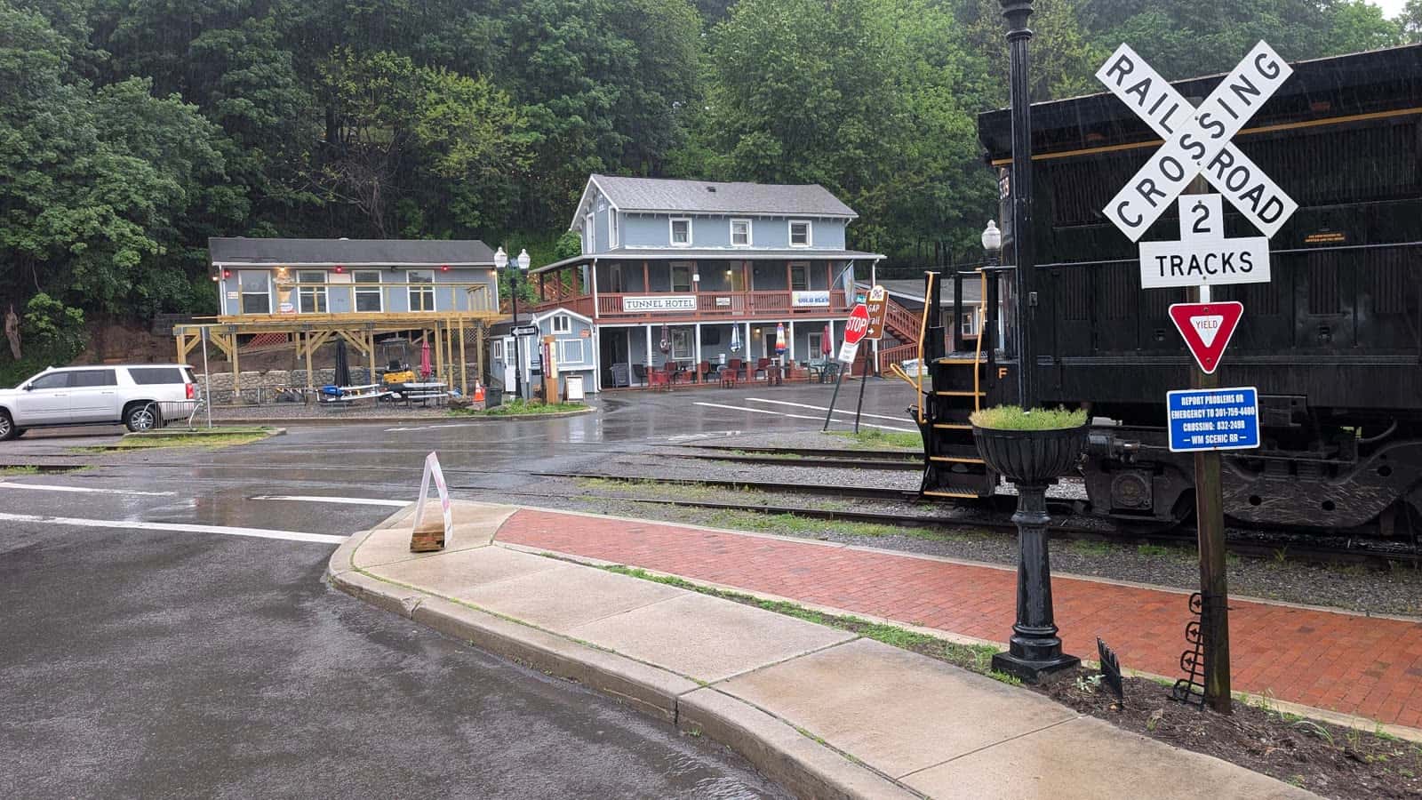 Rails and trail infrastructure in the Frostburg depot district along the Great Allegheny Passage in Maryland