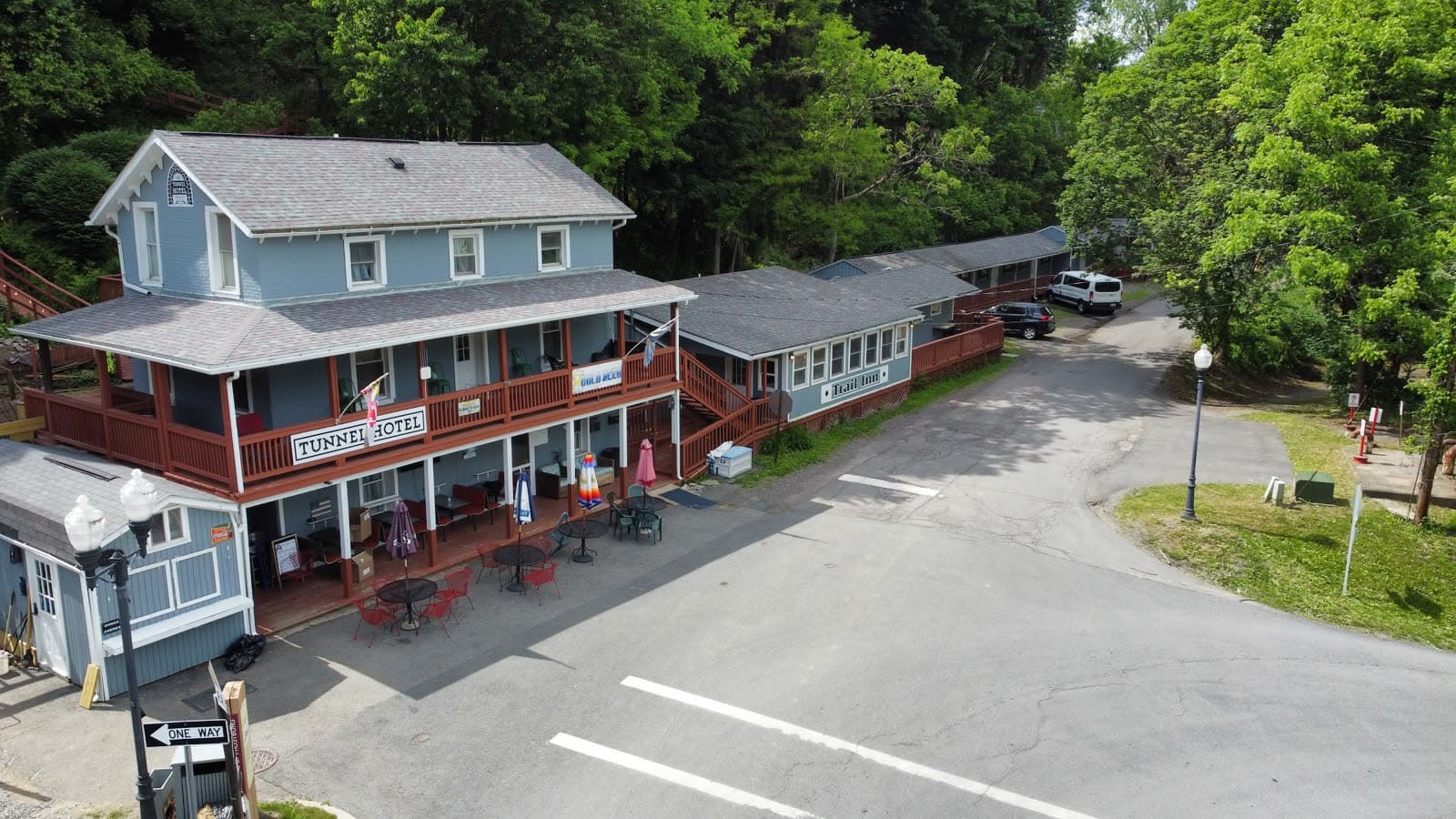 Aerial view of The Tunnel Hotel and Trail Inn Cafe