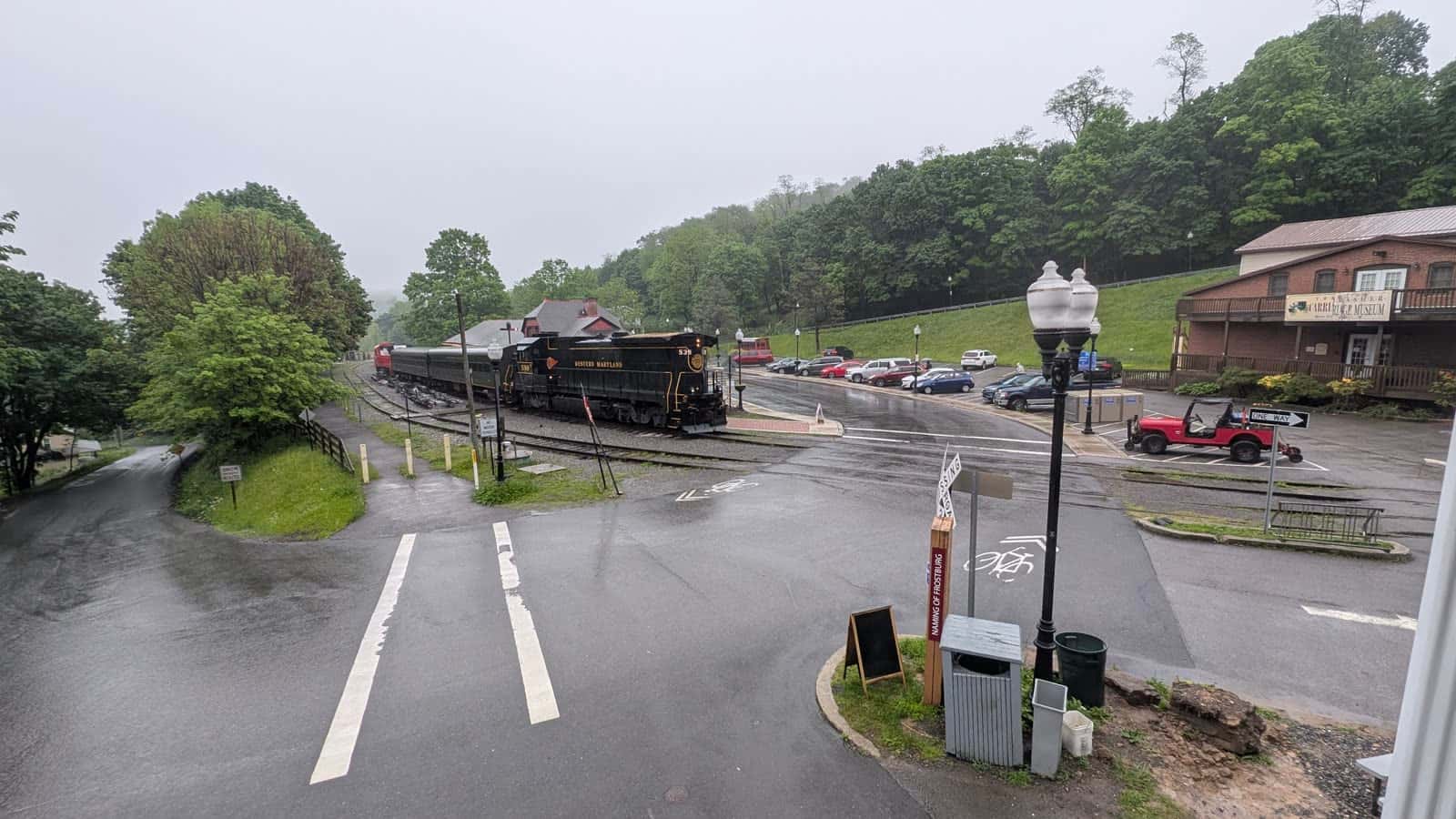 The railroad corridor and depot surroundings in Frostburg, Maryland, near GAP Trail milepost 16