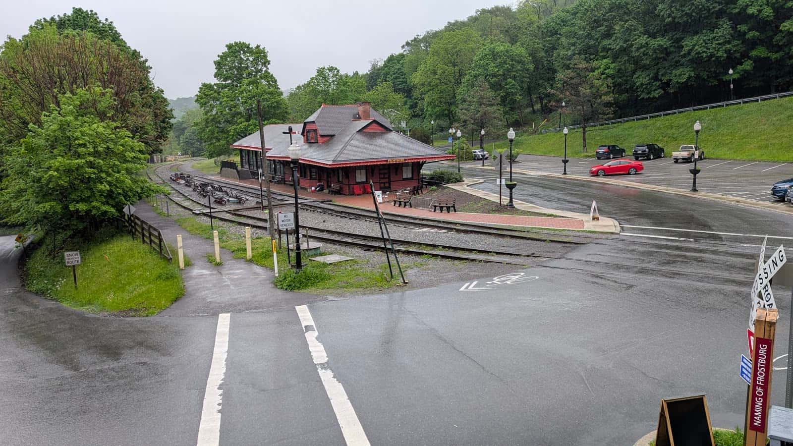 The depot district and rail corridor in Frostburg, Maryland, a family-friendly stop on the Great Allegheny Passage