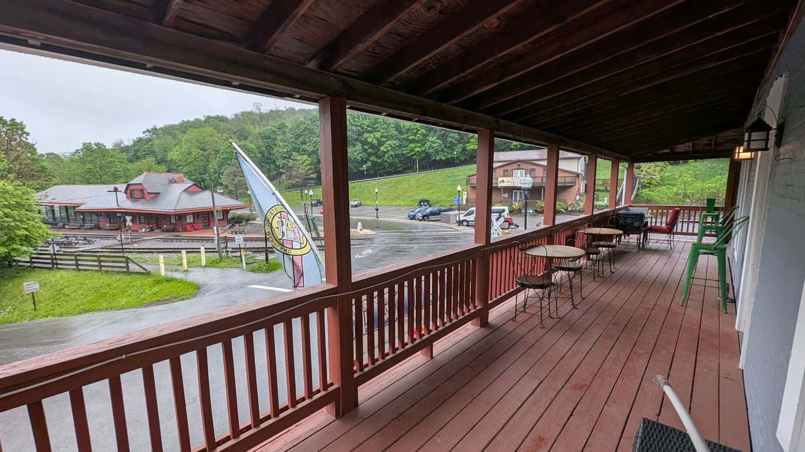 The Trail Inn Cafe porch overlooking the Frostburg depot