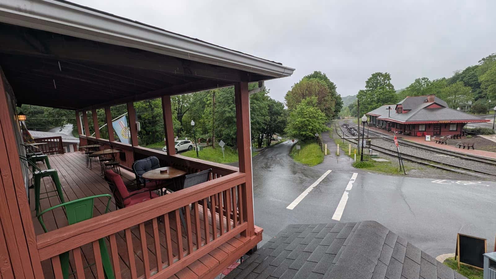 Depot district streetscape and rails near the Great Allegheny Passage in Frostburg, Maryland