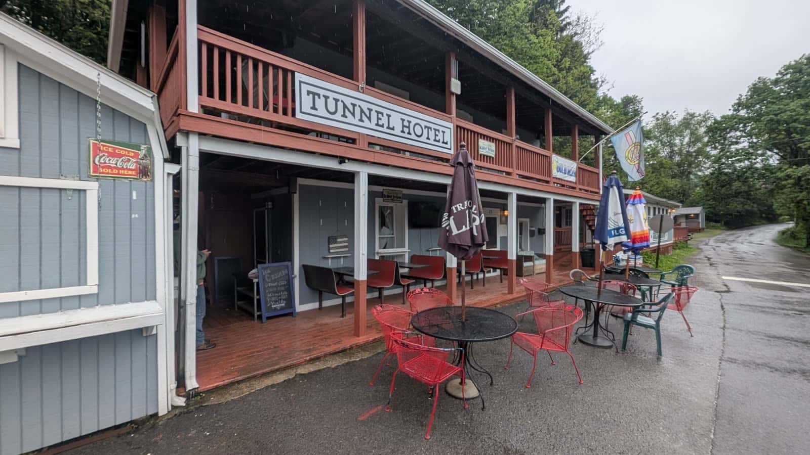 The Tunnel Hotel porch and sign in Frostburg
