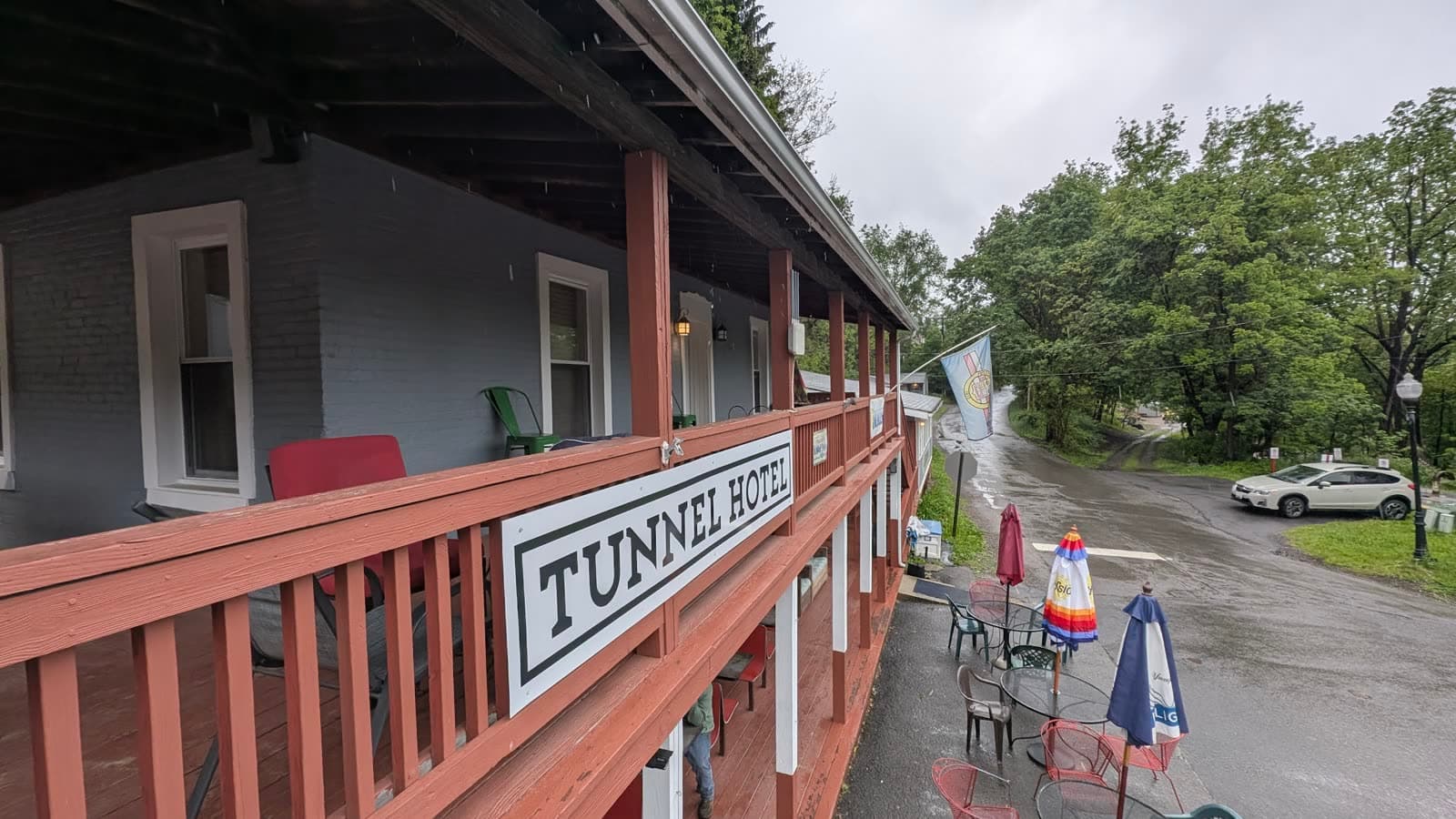 The Tunnel Hotel sign along the upper porch