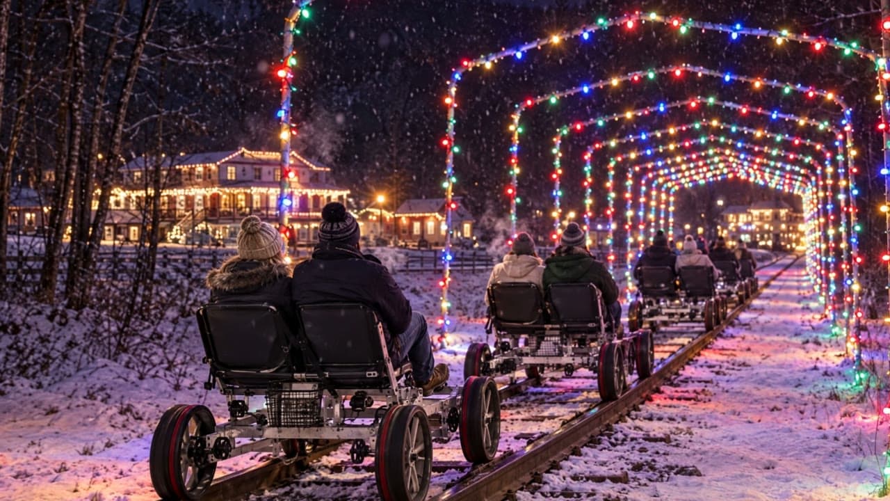 Railbikes coasting through the Mountain Christmas Light Delight light tunnel at night